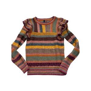 Pilcro by Anthropologie Rainbow Stripe Ruffle Shoulder Knit Sweater Women’s S